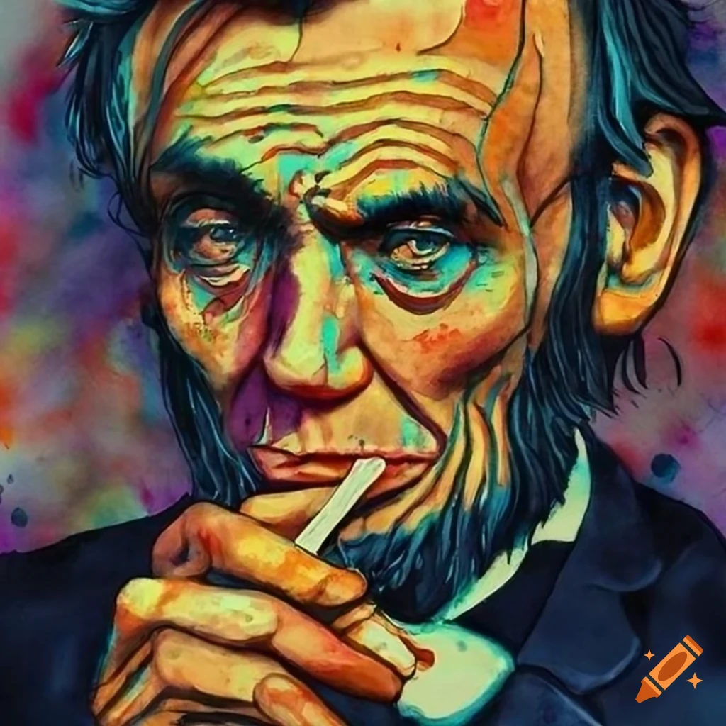 watercolor painting of Abraham Lincoln smoking a joint