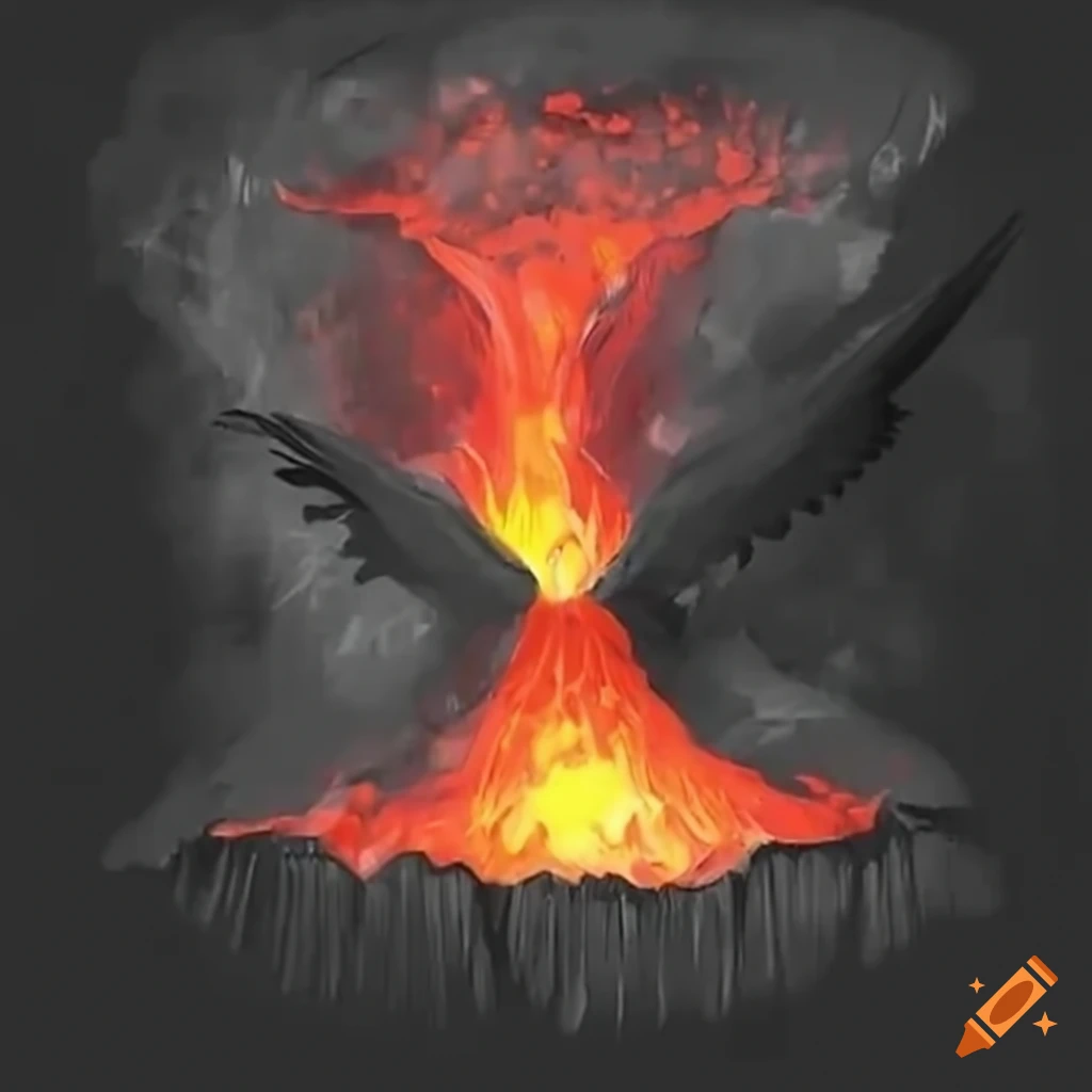 birds fleeing from erupting volcano