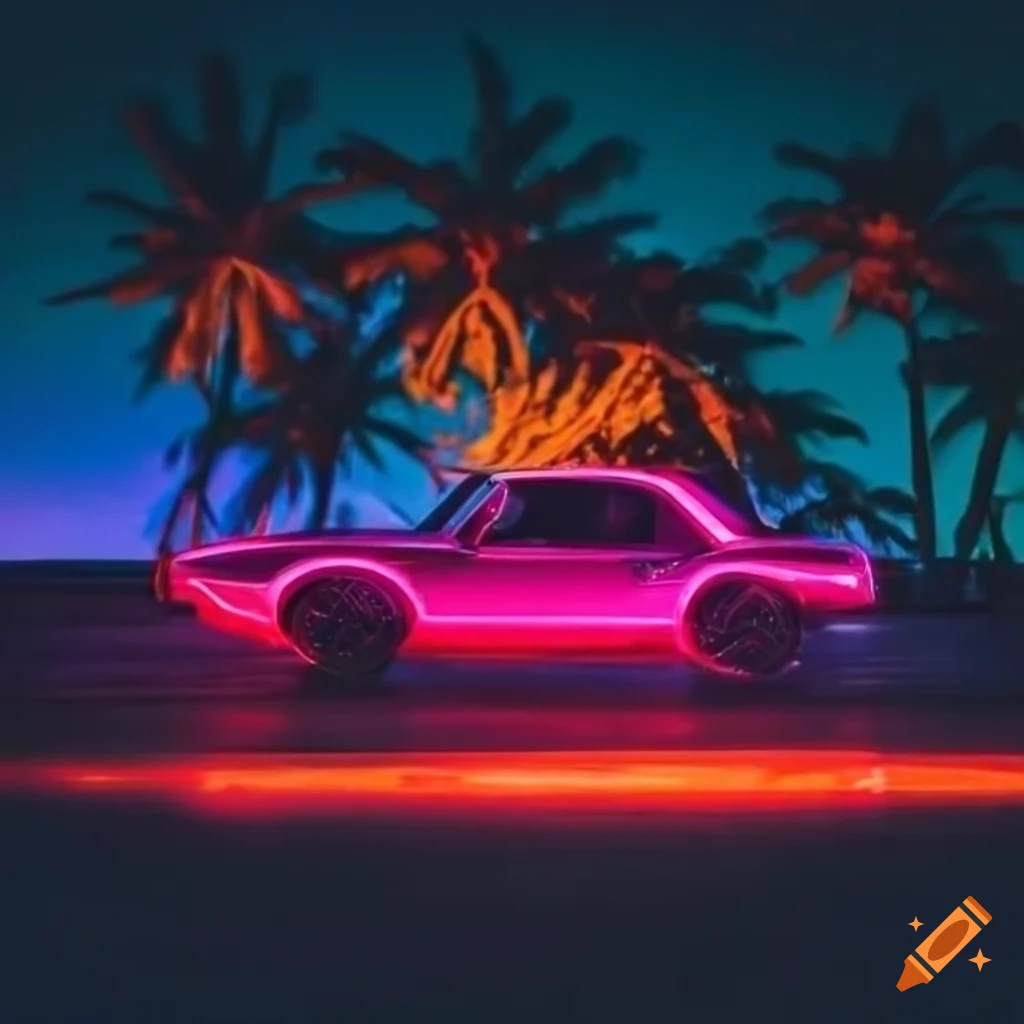 neon-lit Camaro parked by palm trees