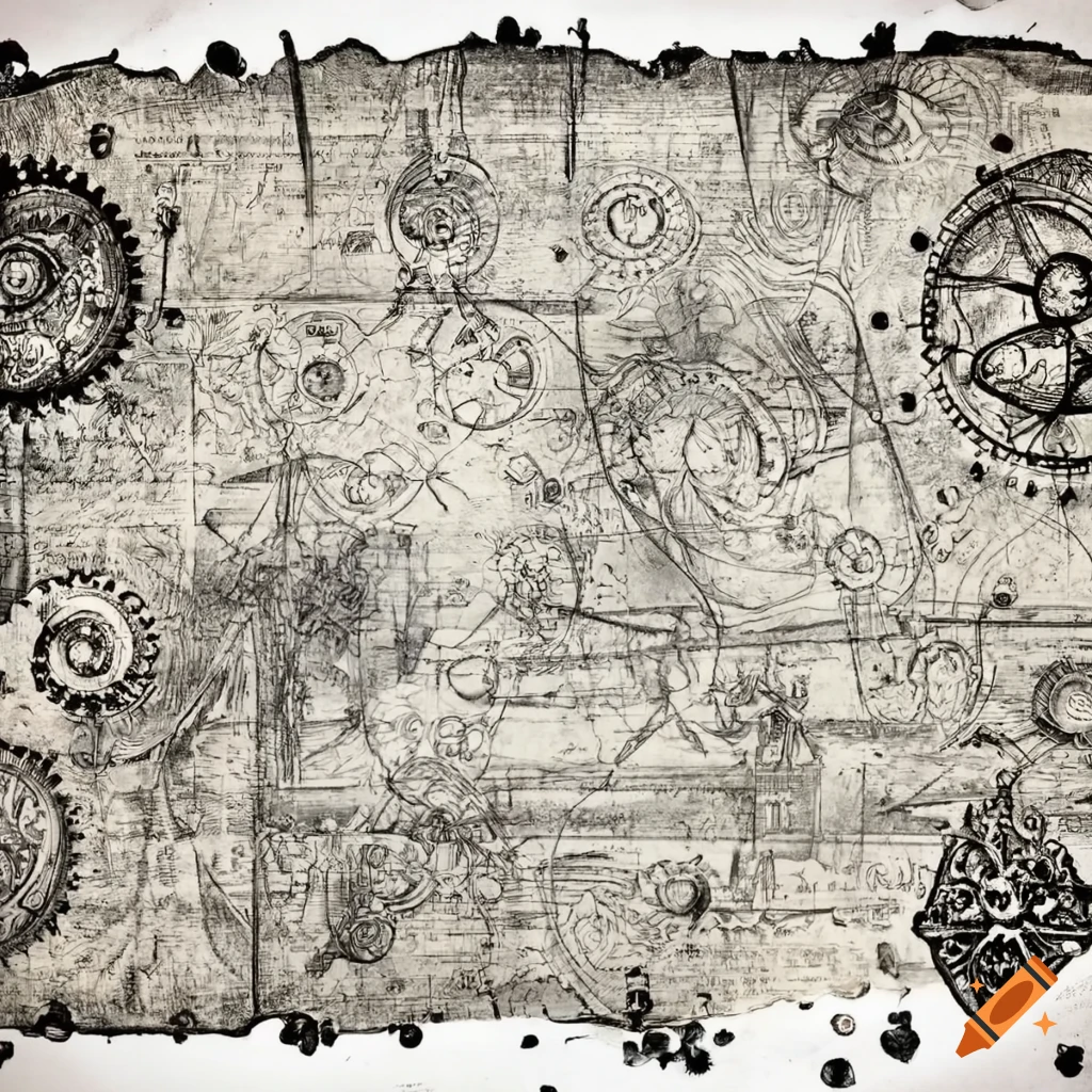 steampunk schematic drawing on parchment