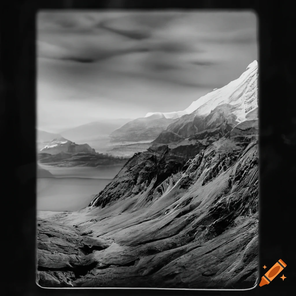 black and white album cover with distant mountains