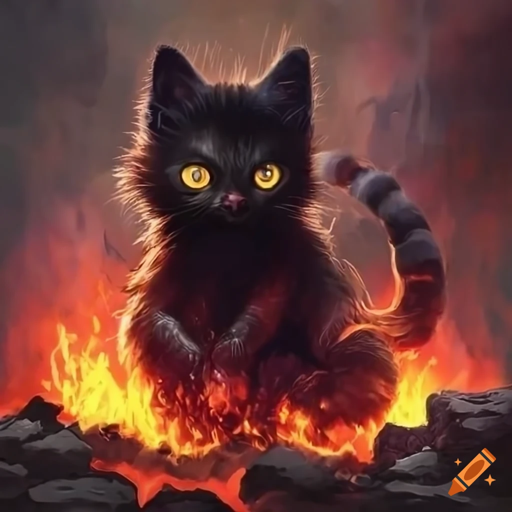 Epic artwork of a black cat with a fiery magma tail in a volcanic landscape