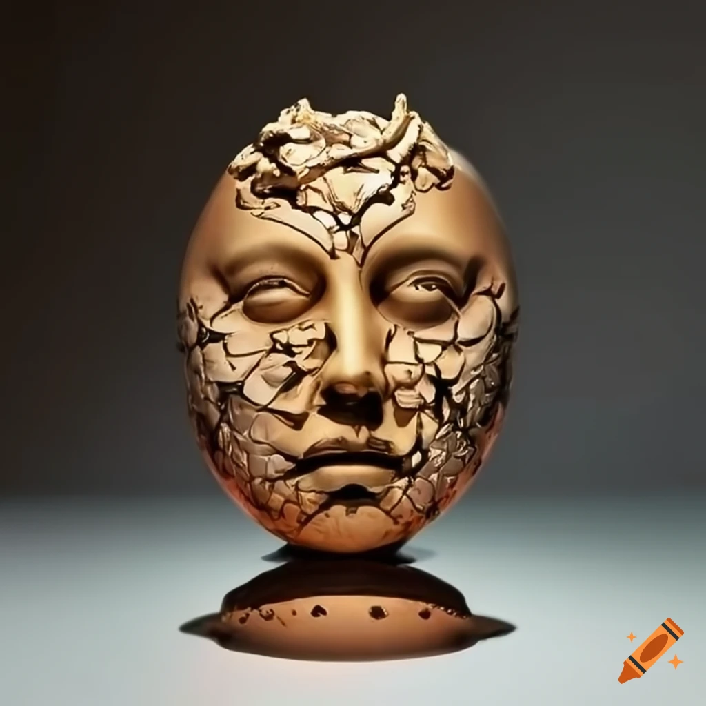 sculpture of a face breaking free from an egg orb