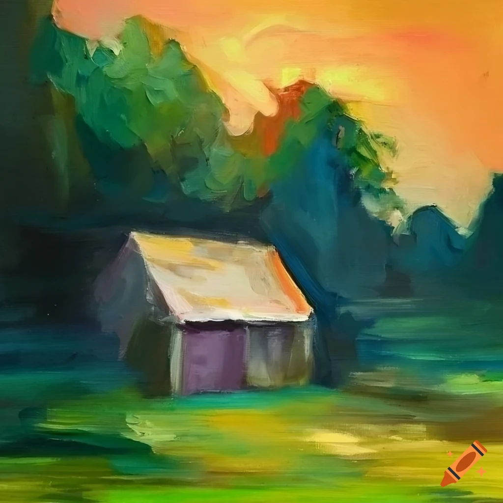 Abstract oil painting of a garden shed and autumn trees on Craiyon