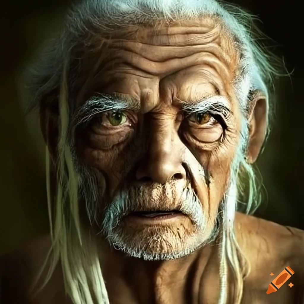 portrait of a wise old man with white hair and captivating eyes