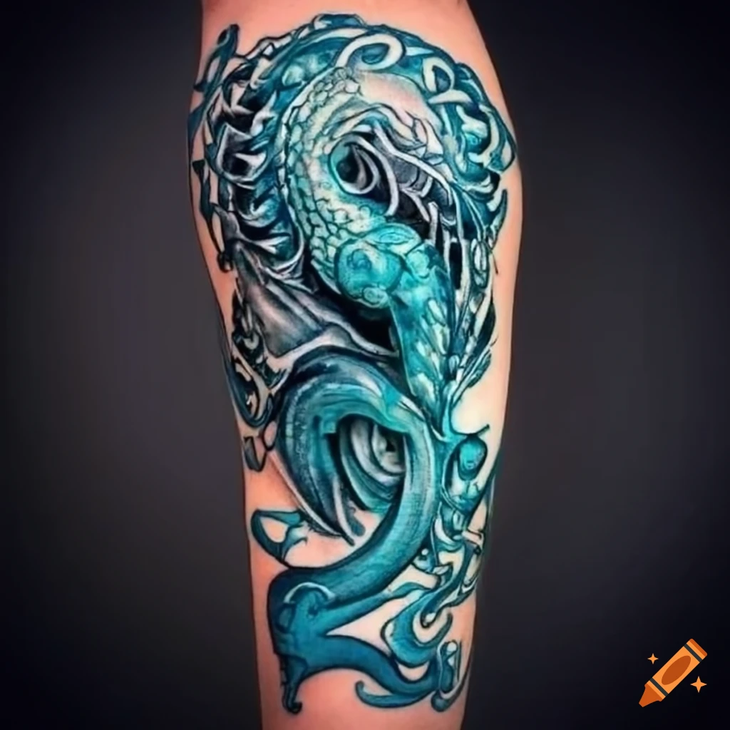 Psychedelic fish tattoo on the inner arm.