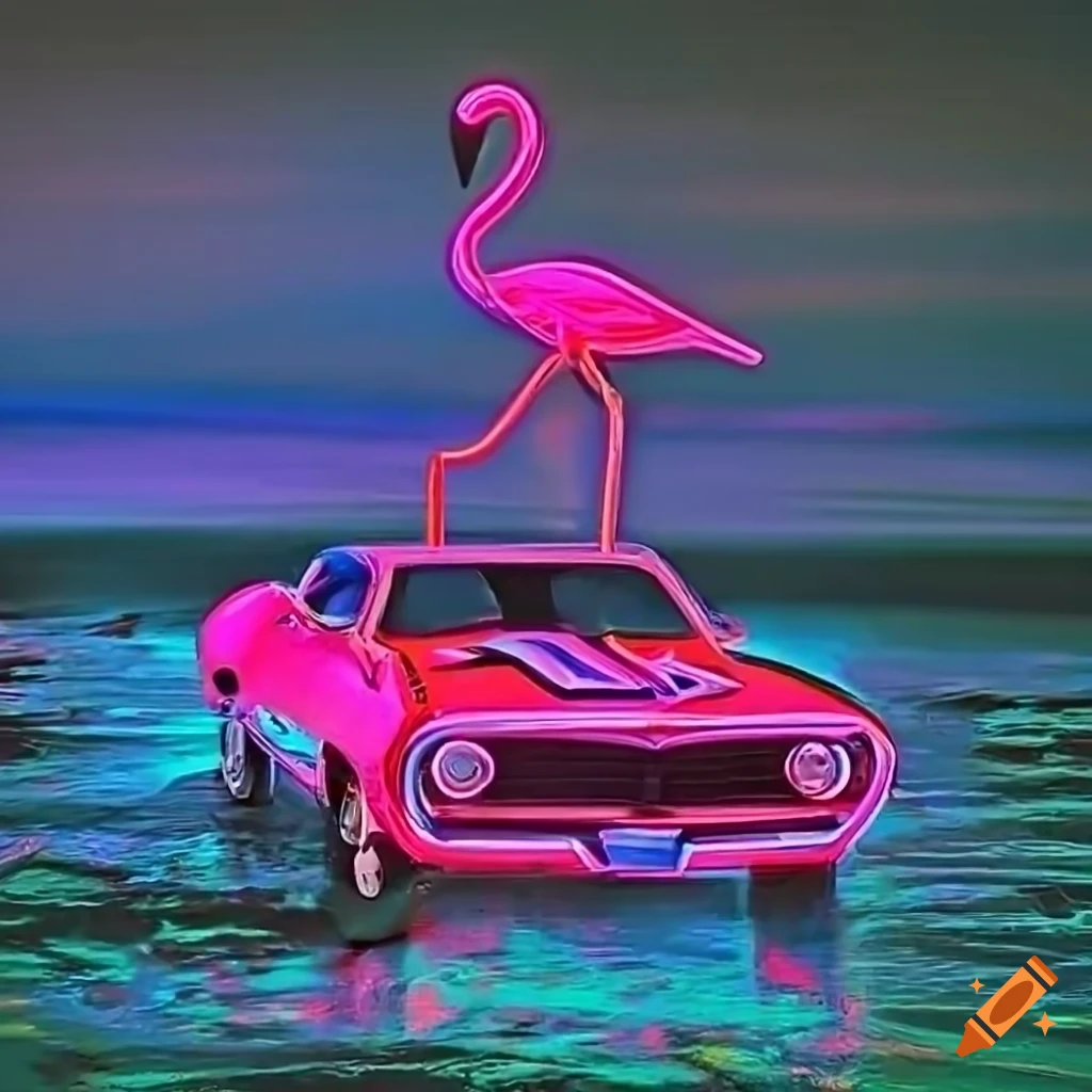 neon-lit Camaro parked by the beach