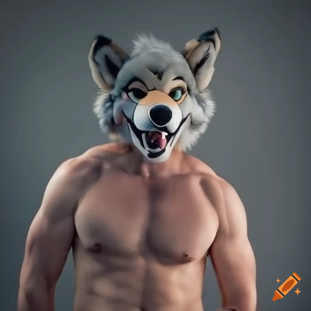 man wearing a wolf fursuit head