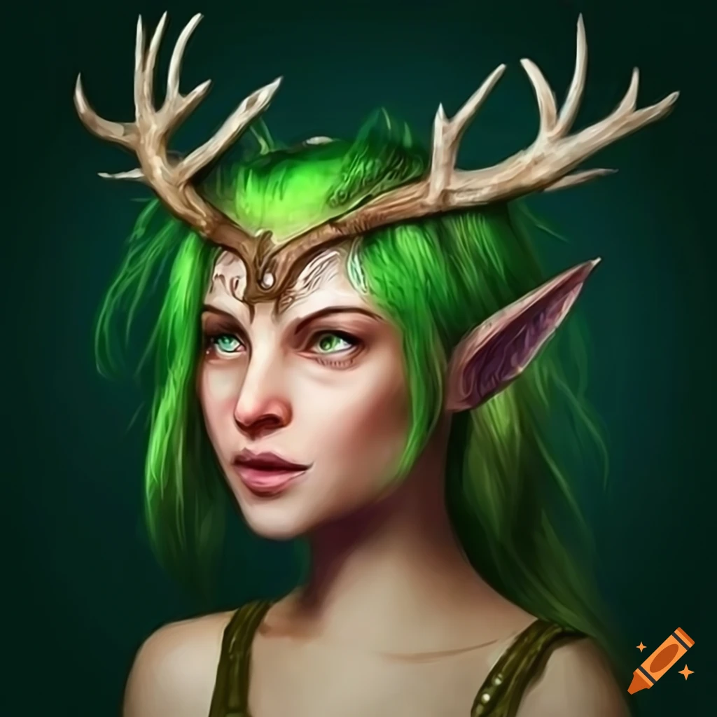 Photo realistic female half elf druid with green hair and deer antlers ...