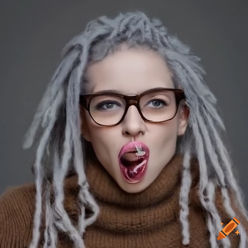 fashionable girl with grey dreadlocks and glasses licking a sword