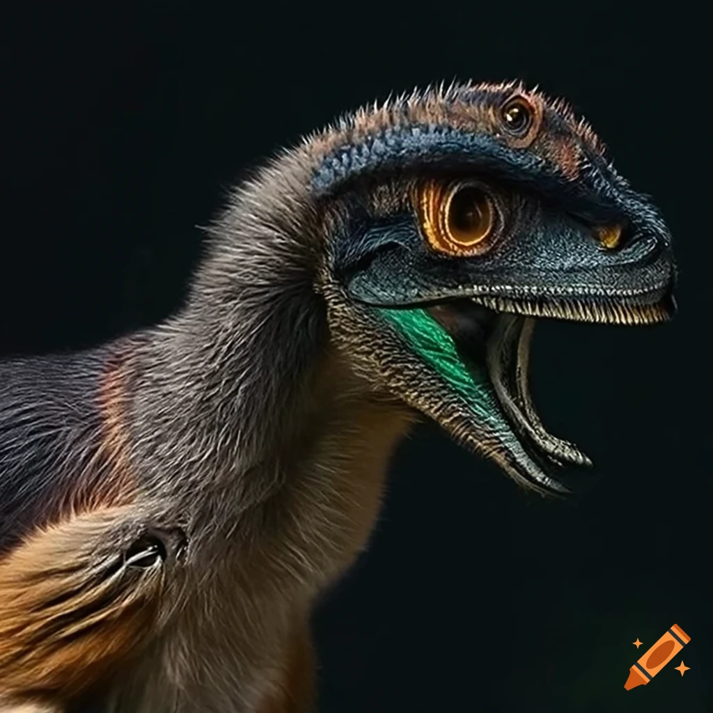 digital art of a Velociraptor and fox hybrid roaring in a forest
