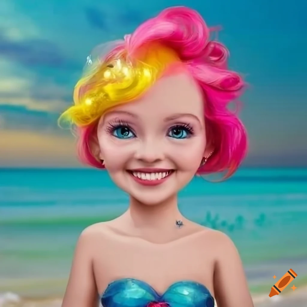 Colorful portrait of a smiling mermaid on the beach on Craiyon