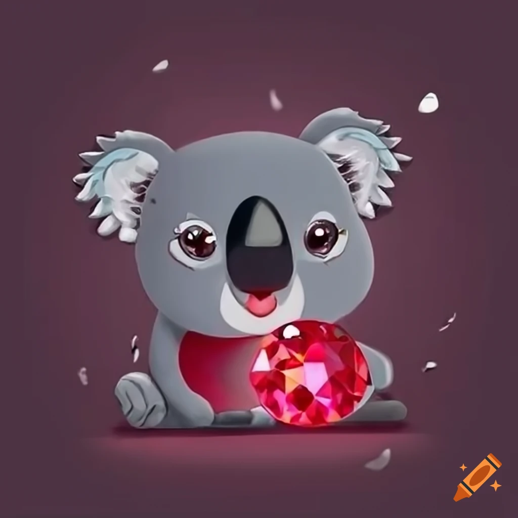 happy koala holding a red ruby gemstone