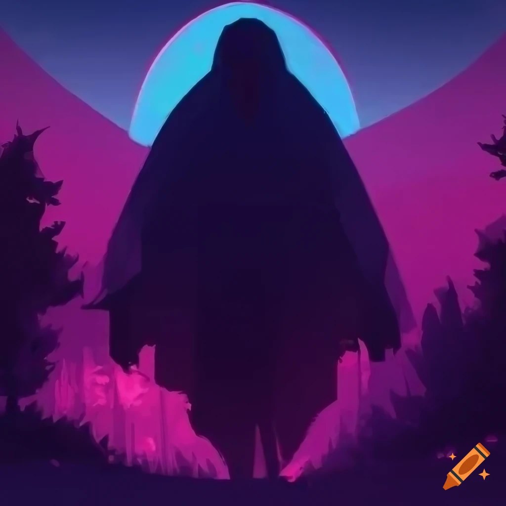Creepy cyberpunk digital painting of a shadow figure near a tent at
