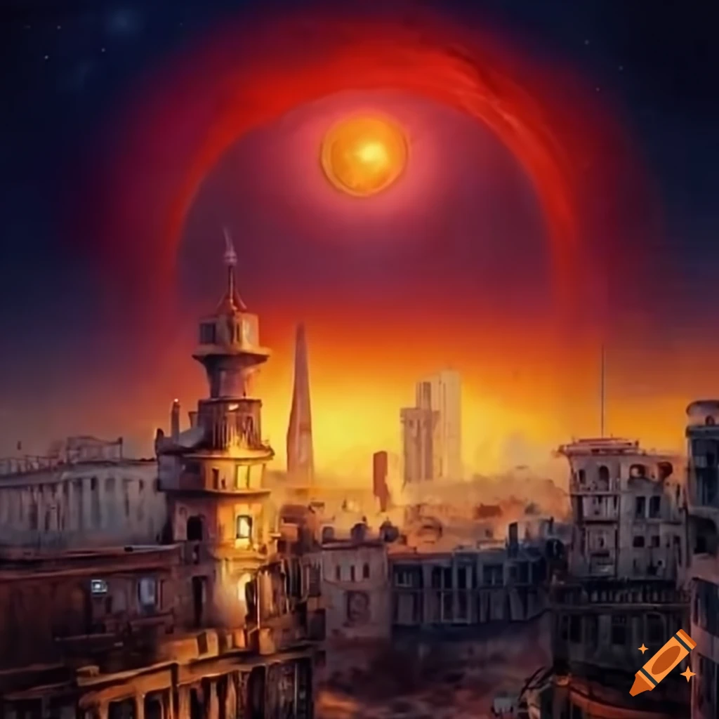 Steampunk city with a red-orange planet in the sky on Craiyon