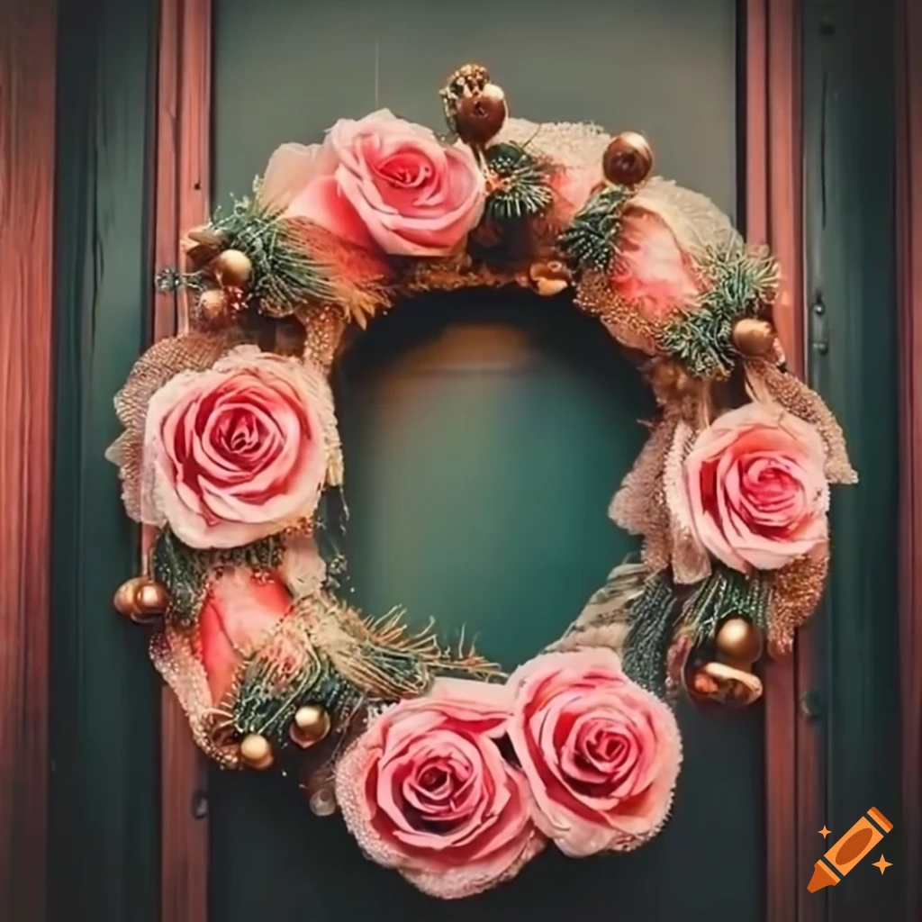 Christmas wreath with beaded leaves and roses on a door