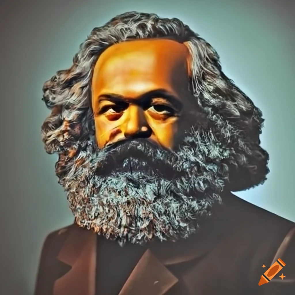 portrait of Karl Marx with vintage camera