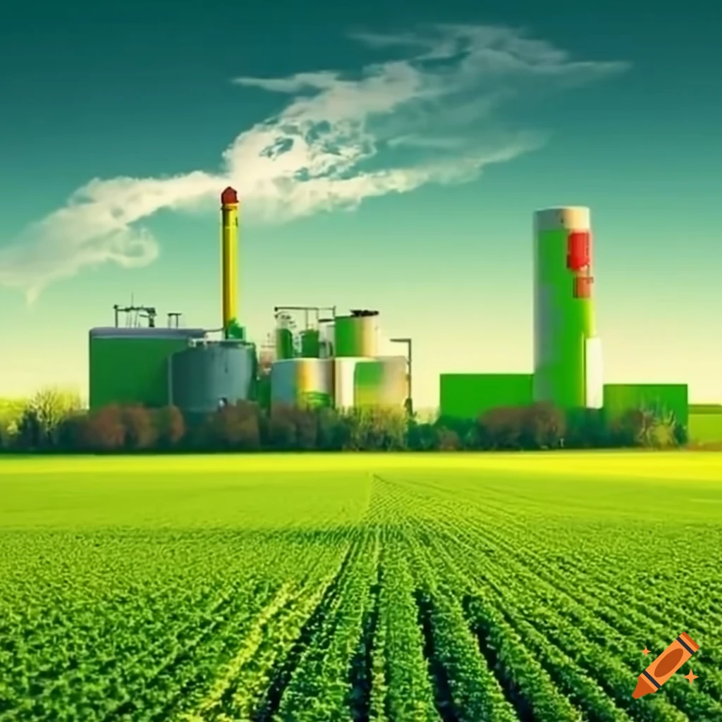 Green fields with a biofuel production plant on Craiyon