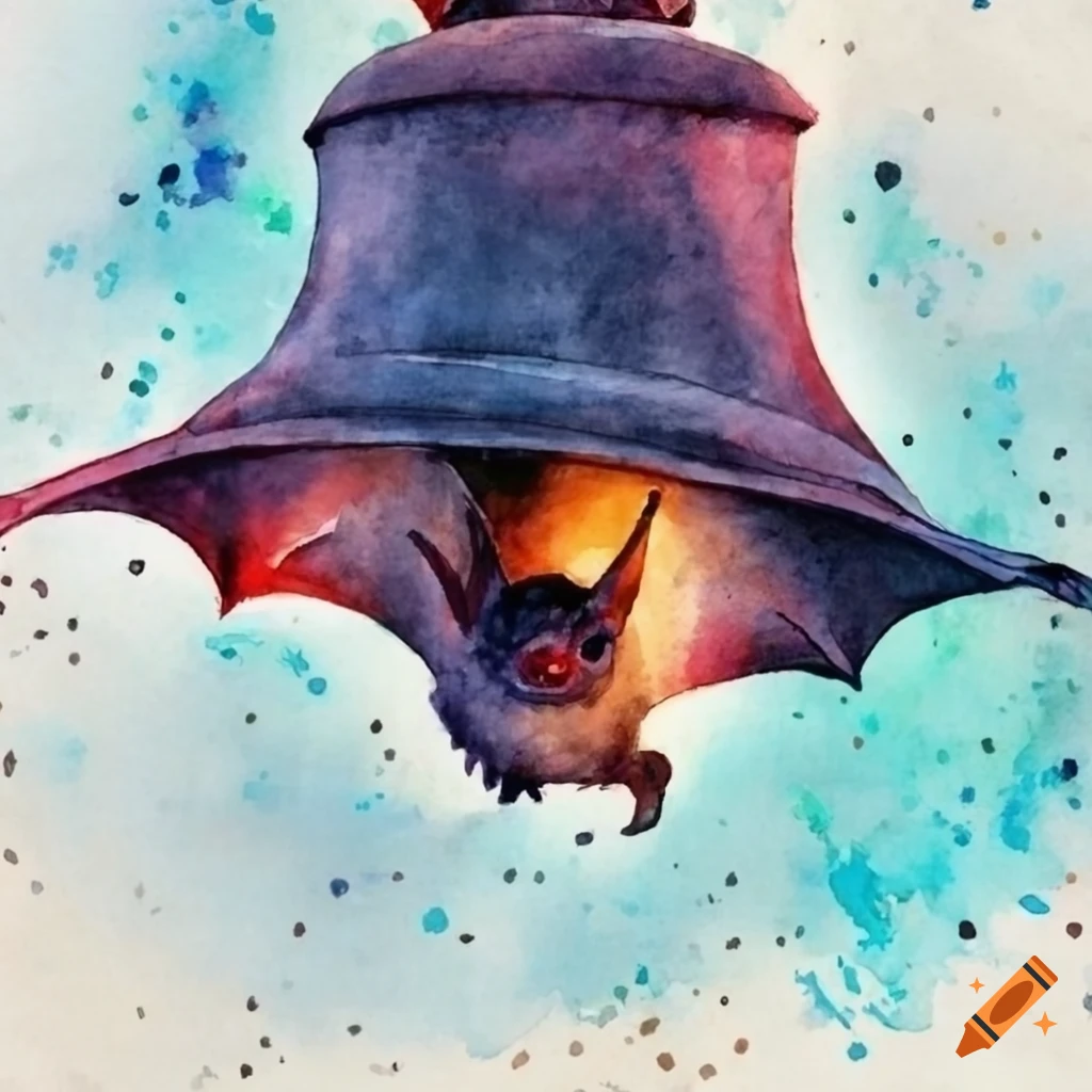 watercolor of a bat flying near a bell