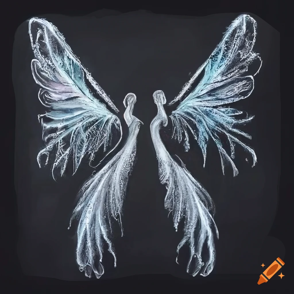 hand-drawn chalk art of a somber fairy with beautiful wings