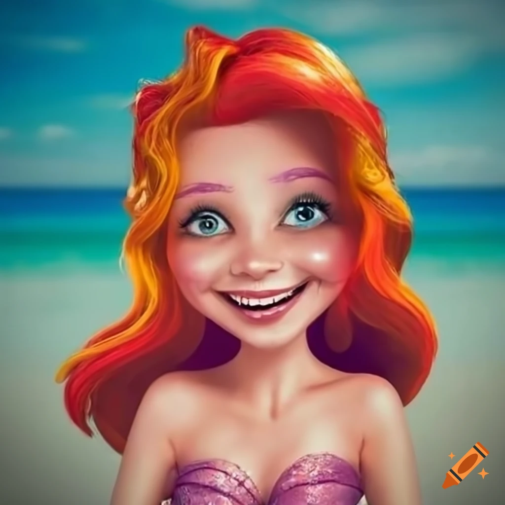 Portrait of a smiling mermaid with colorful hair on a beach