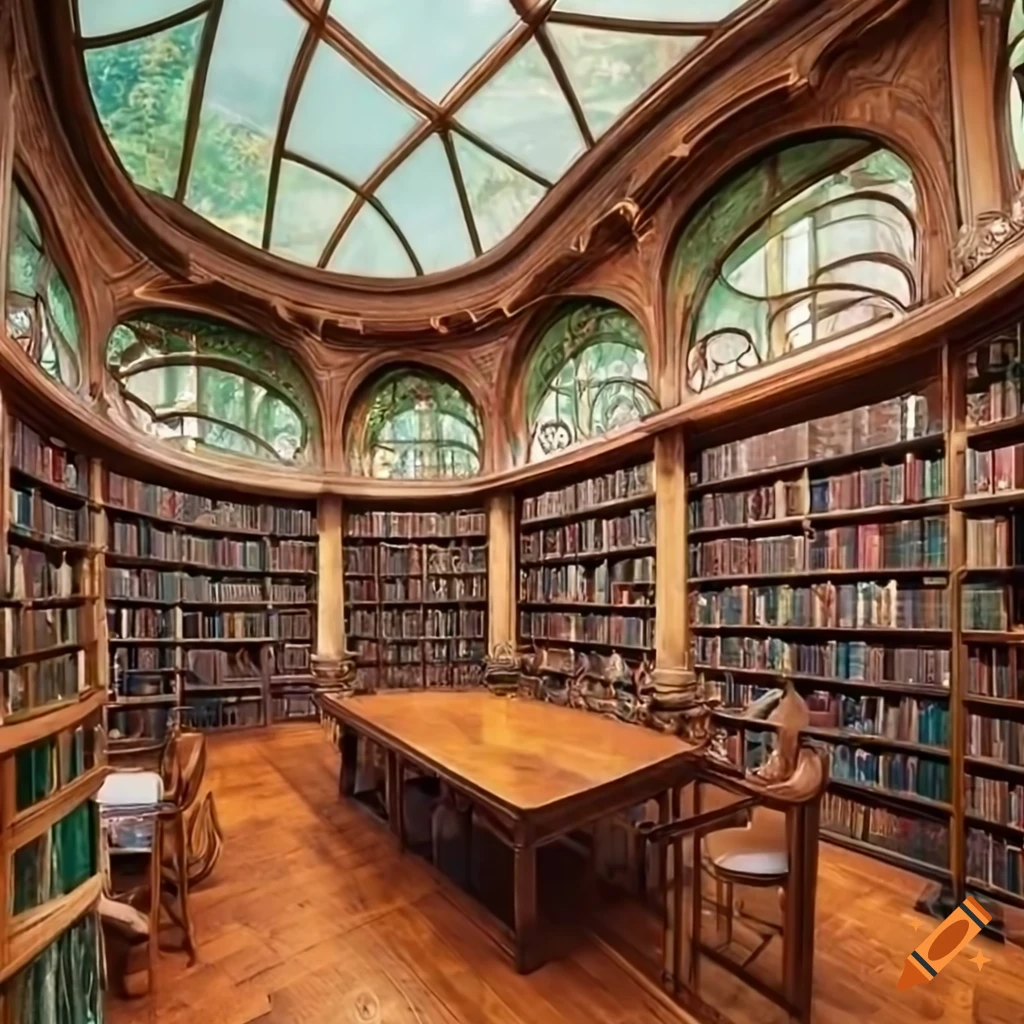 Art nouveau library with sunny forest view