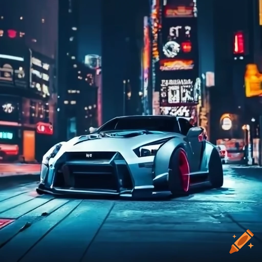 Funkopop character driving a modified nissan gtr r35 at night
