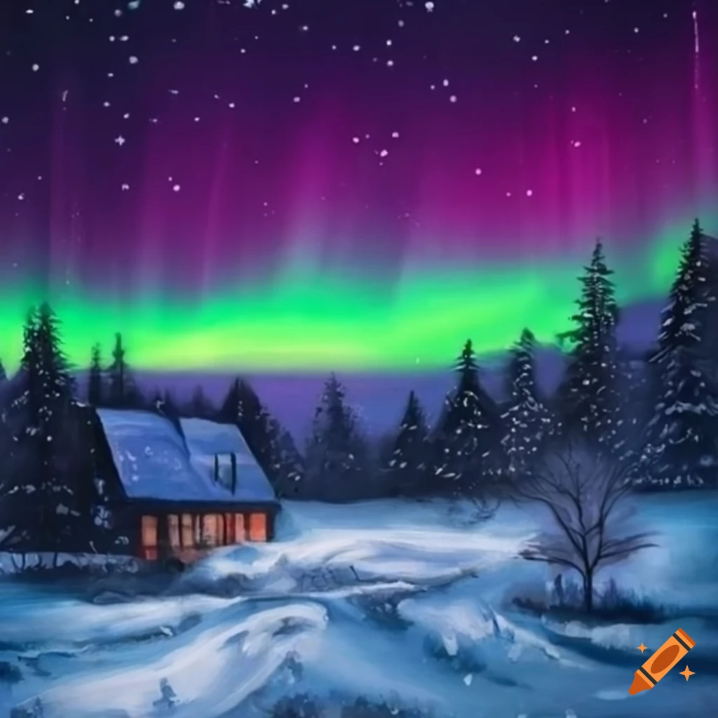 painting of a winter aurora landscape