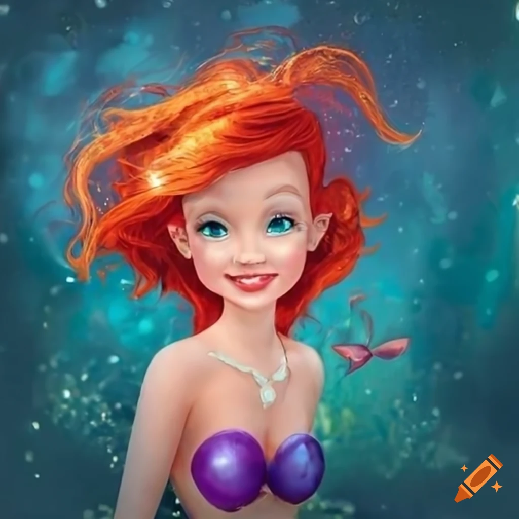 Portrait of a sparkling orange-haired mermaid in the sea on Craiyon
