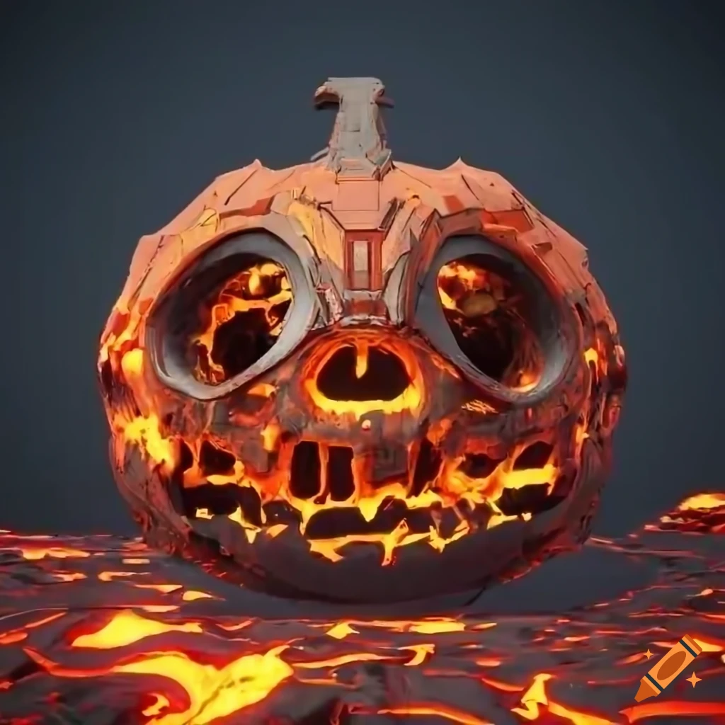 3D spaceship made of pumpkin parts orbiting a lava planet