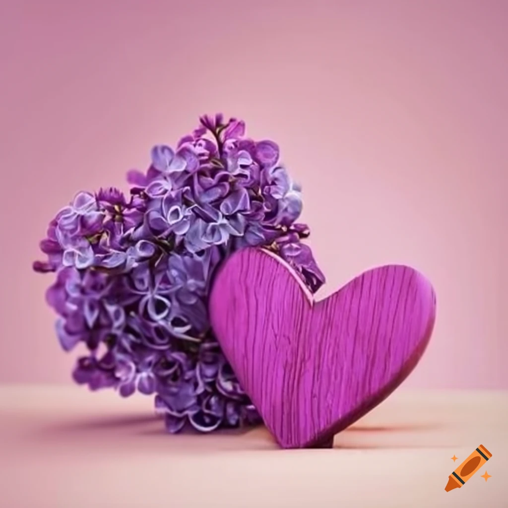 lilac blooms and wooden hearts on a textured background