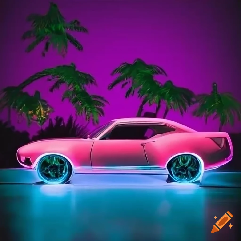 neon-lit Camaro parked by the beach