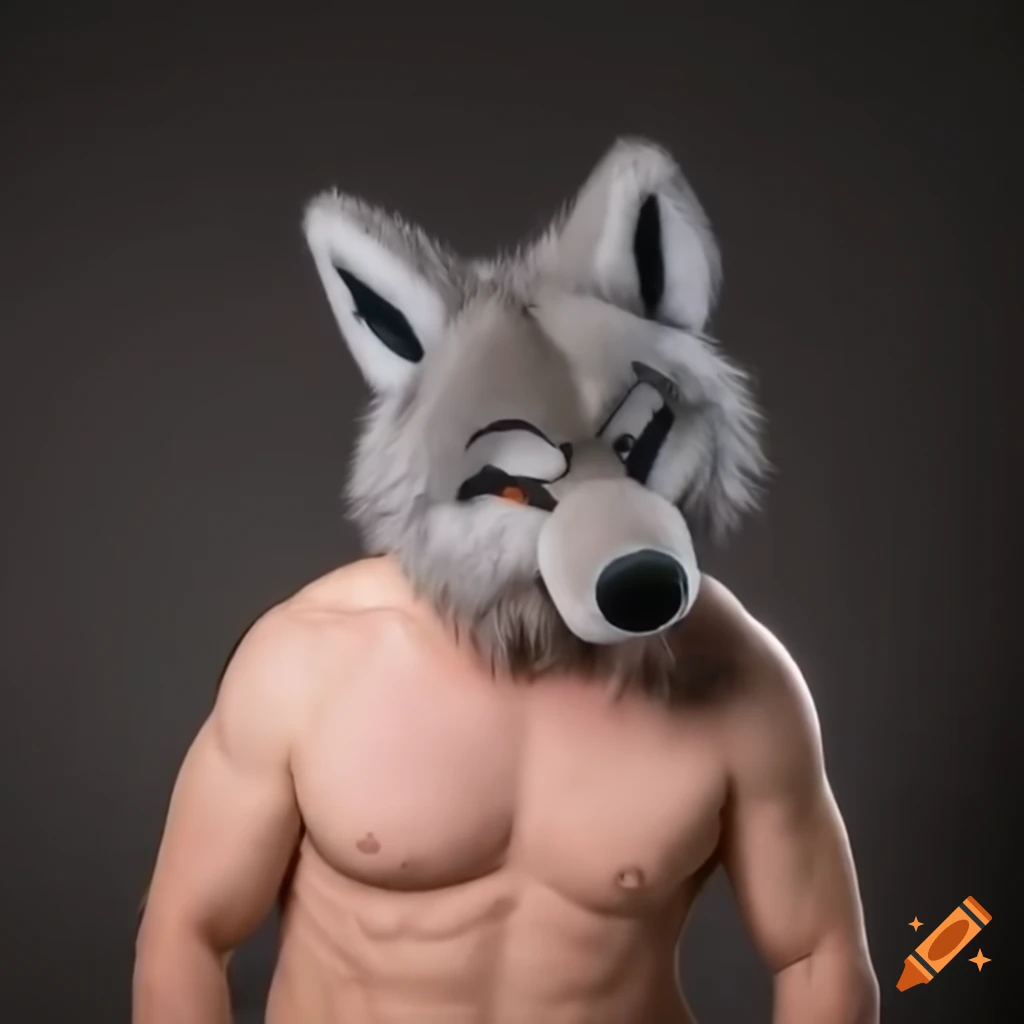 man wearing a wolf fursuit head