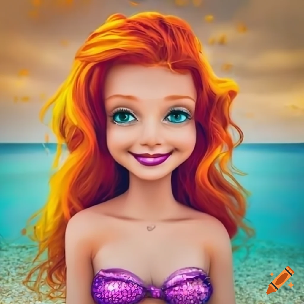 Portrait of a smiling little mermaid on the beach on Craiyon