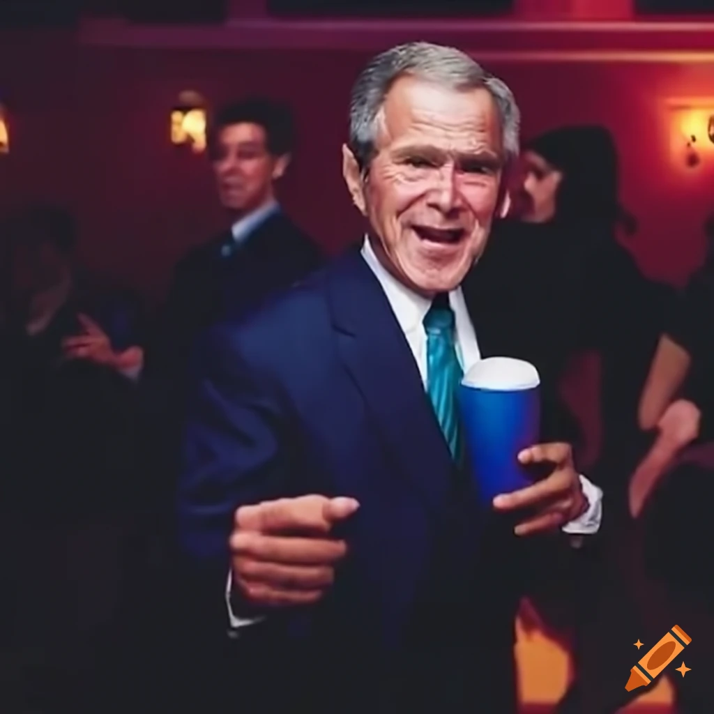 George W. Bush singing karaoke with a slurpee