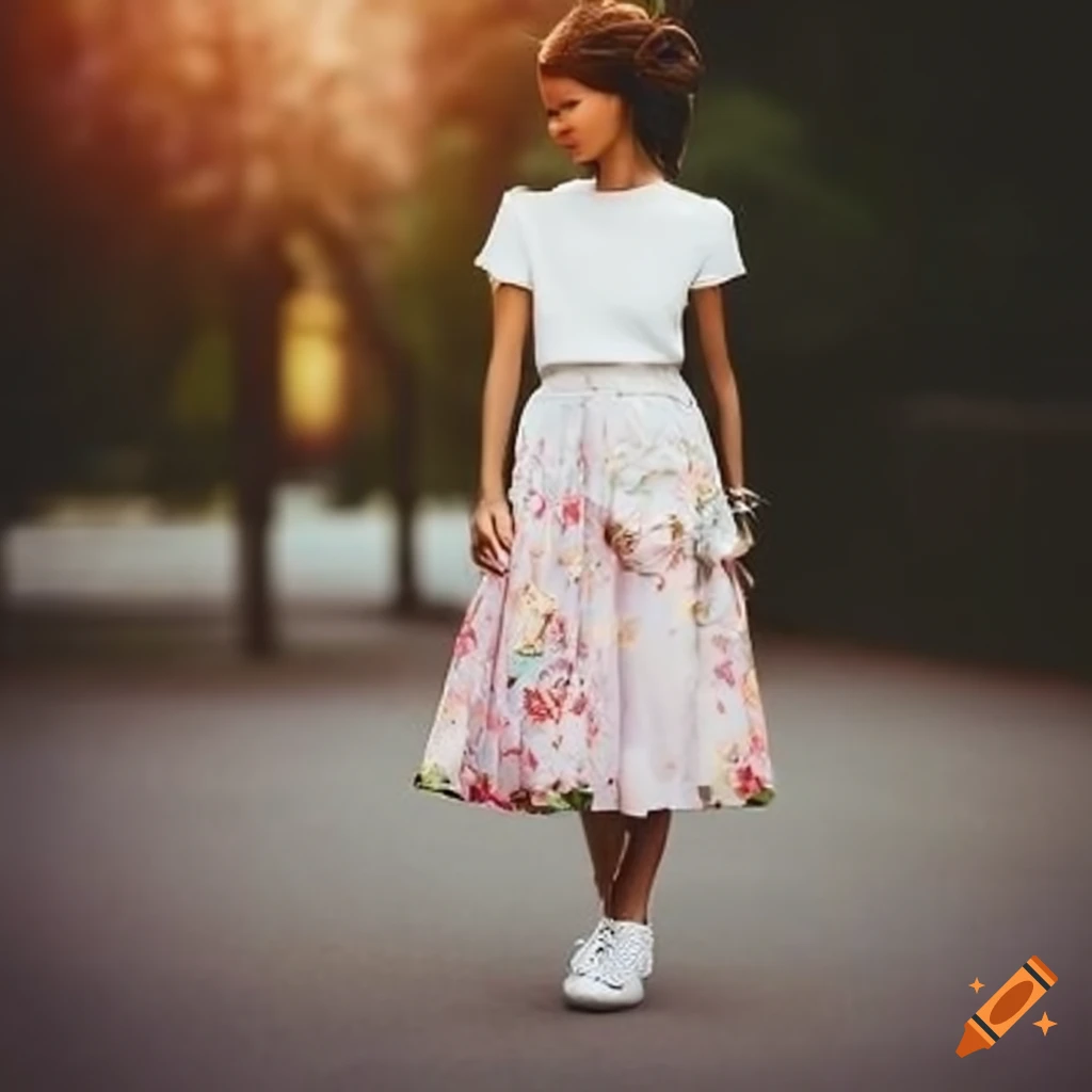 Spring outfit with floral skirt and sneakers on Craiyon
