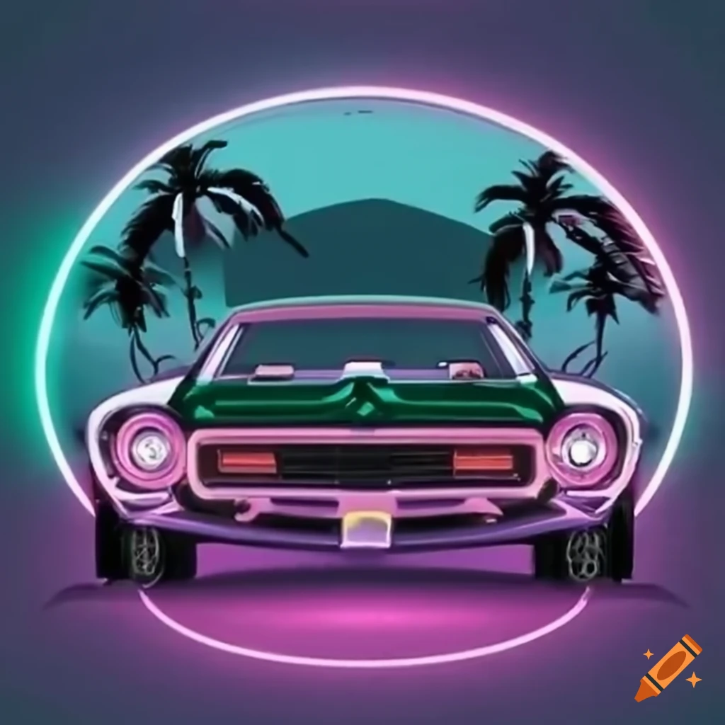 classic muscle car with neon lights at the beach