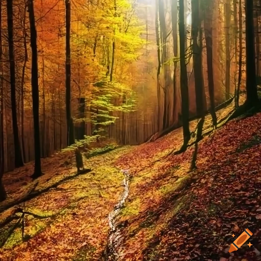 photo of a scenic autumn forest with a hiking trail