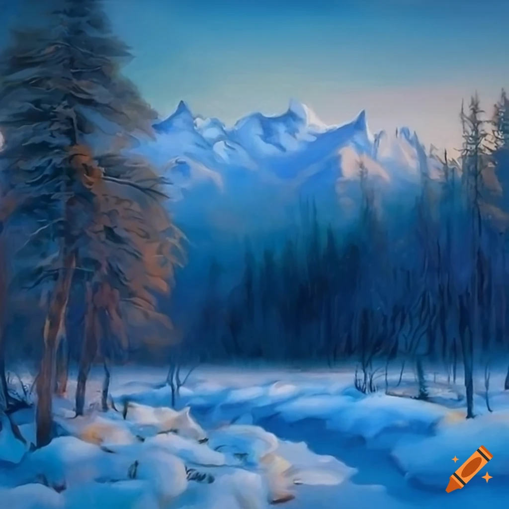 realistic painting of a horse galloping in the winter wilderness