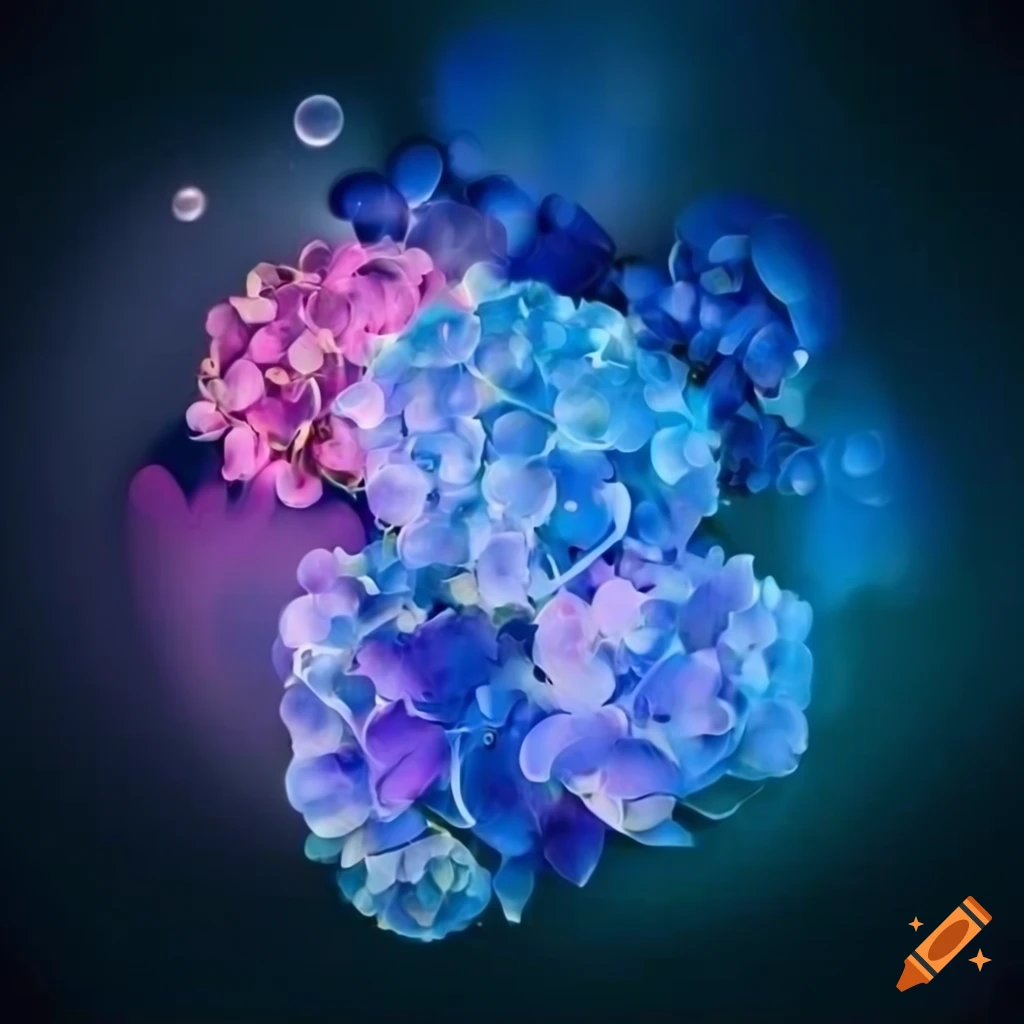 Hydrangea Effects Blue and white hydrangea with heart bubble effect on water