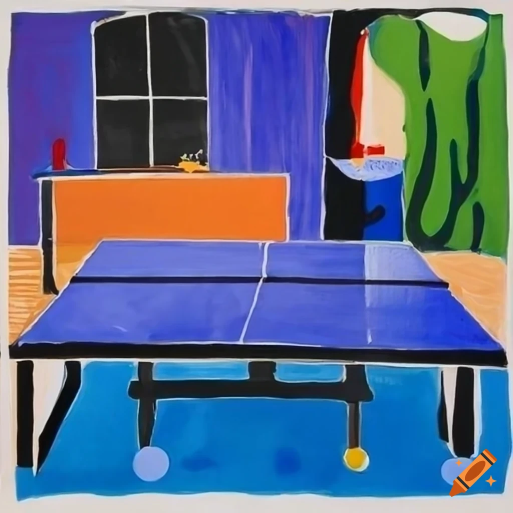 artistic representation of table tennis inspired by Henri Matisse and David Hockney
