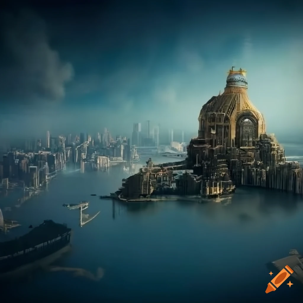 Floating rock with buildings above a steampunk city
