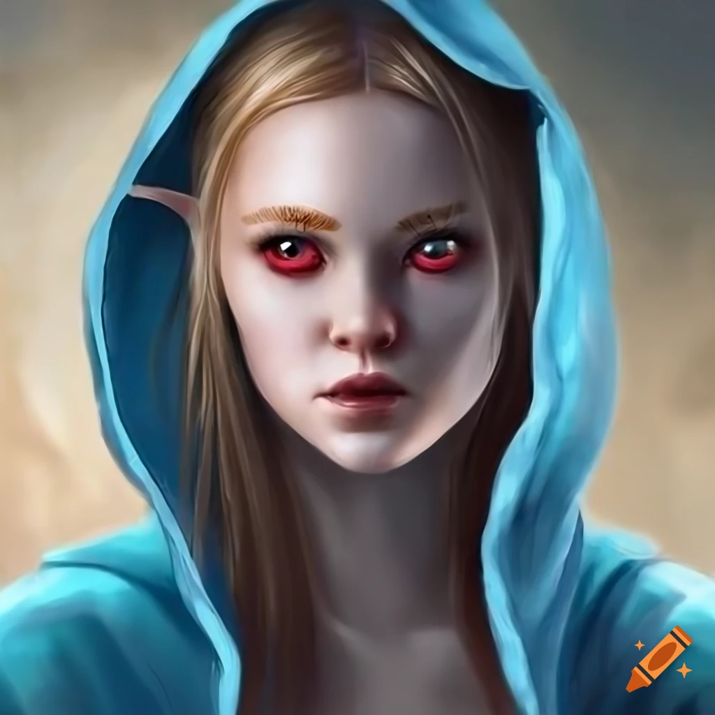 Portrait of a young female elf with red eyes and long blonde hair on ...