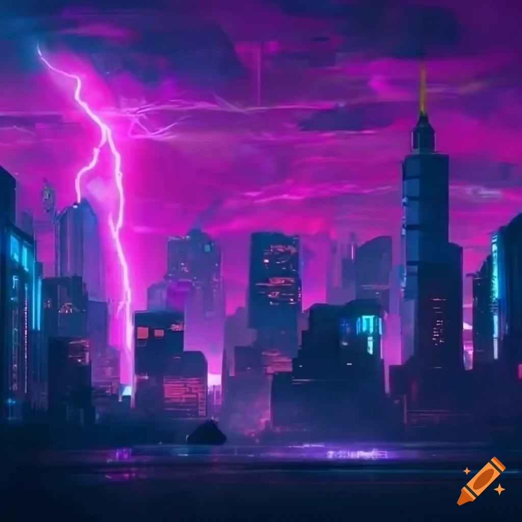 Cyberpunk cityscape with an electric storm on Craiyon