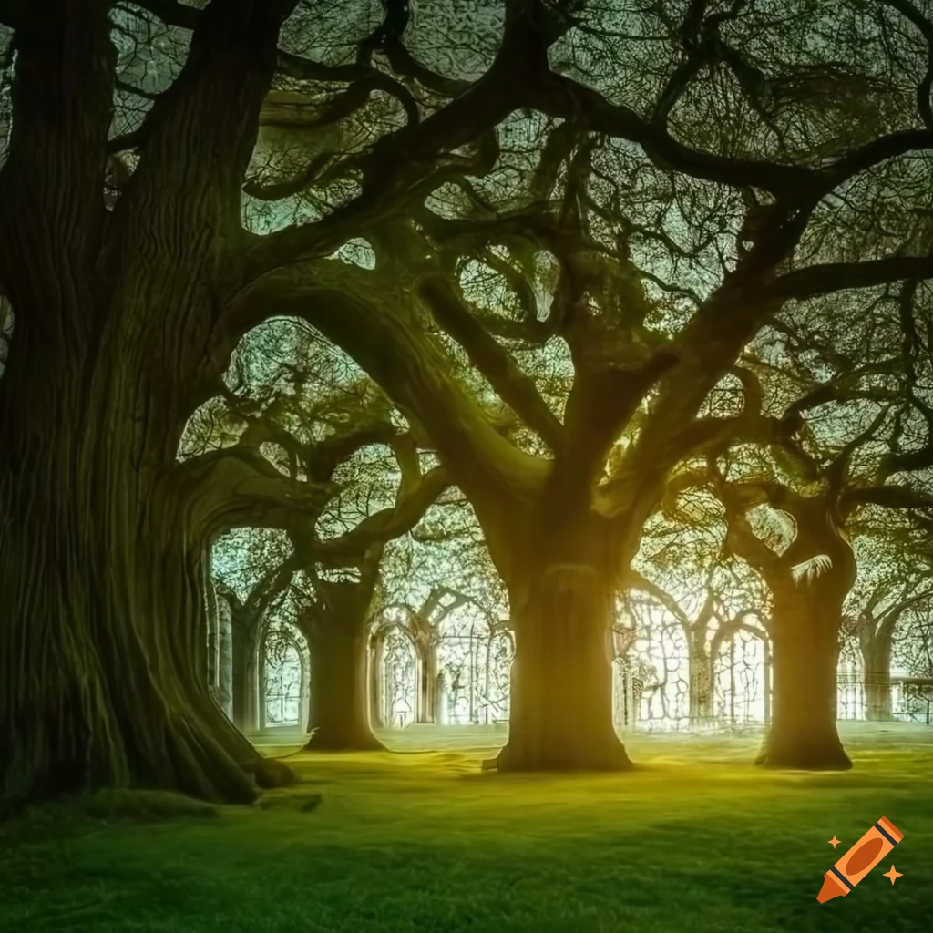 Ethereal mystical cathedral surrounded by ancient white oak trees on