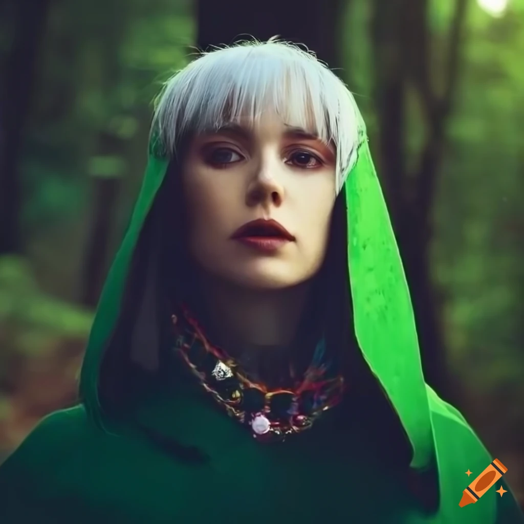 portrait of a confident woman in a green cloak in the forest