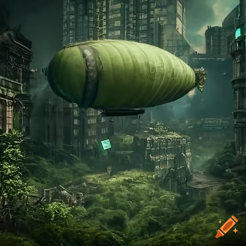 steampunk airship flying over a moss-covered jungle city