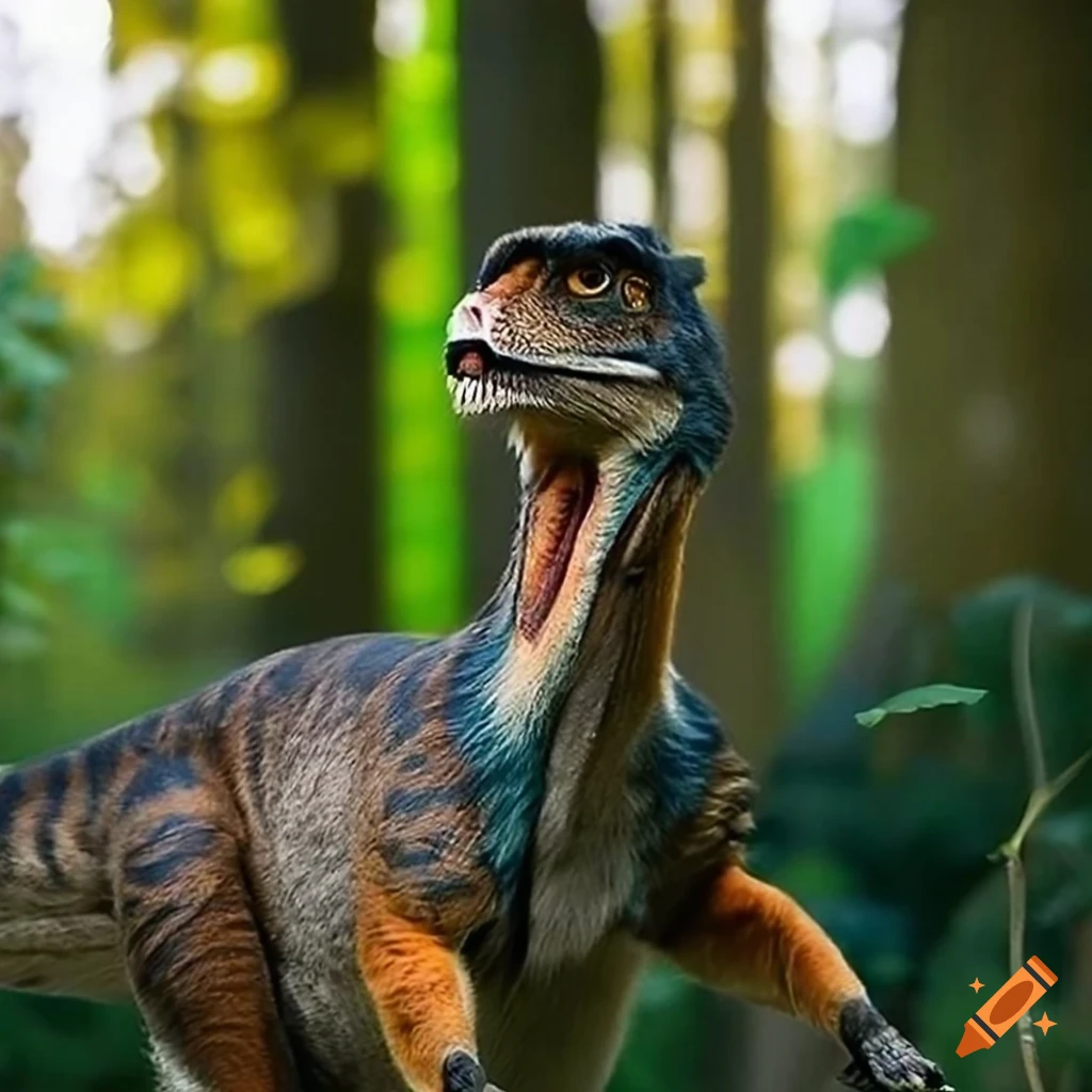 digital art of a Velociraptor and fox hybrid roaring in a forest