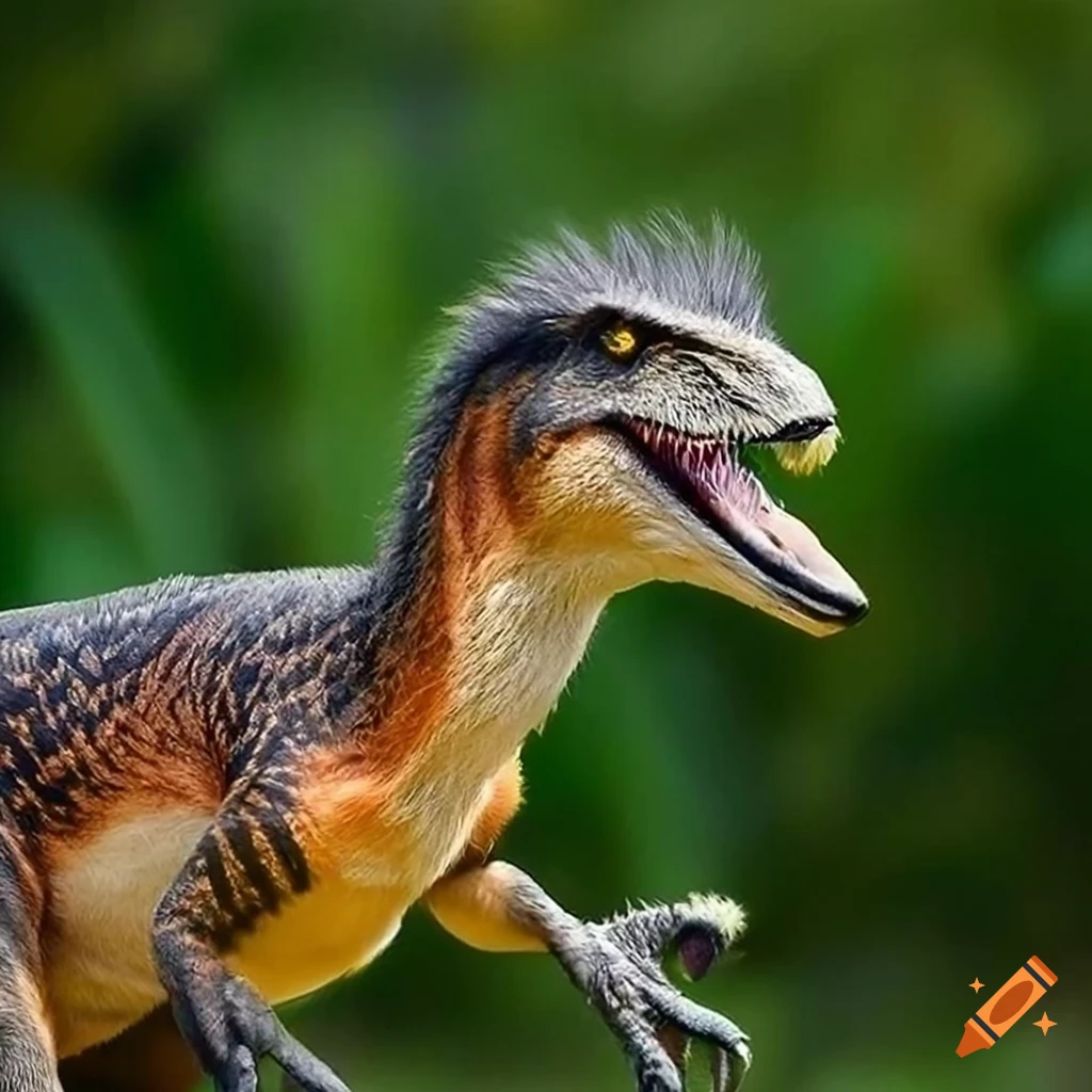 digital art of a Velociraptor and fox hybrid roaring in a forest
