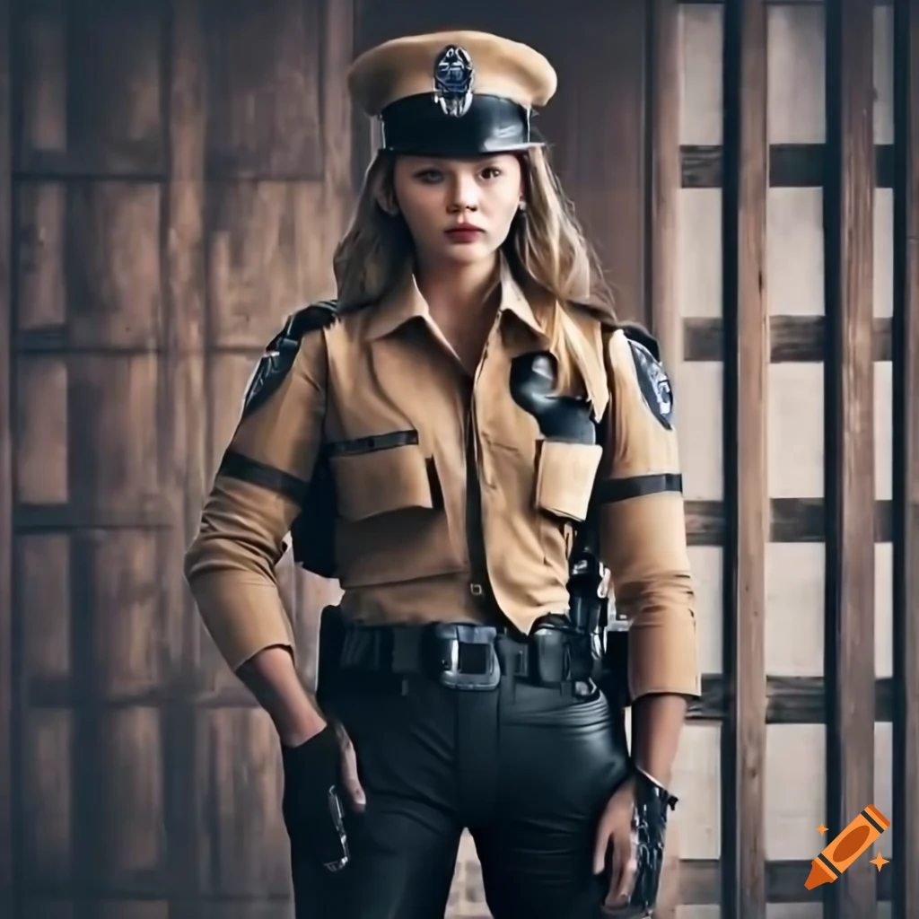 closeup of a country policewoman looking through a barn
